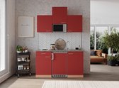 Goedkope keuken 150  cm - complete kleine keuken met apparatuur Gerda - Beuken/Rood - elektrische kookplaat  - koelkast        - magnetron - mini keuken - compacte keuken - keukenblok met apparatuur