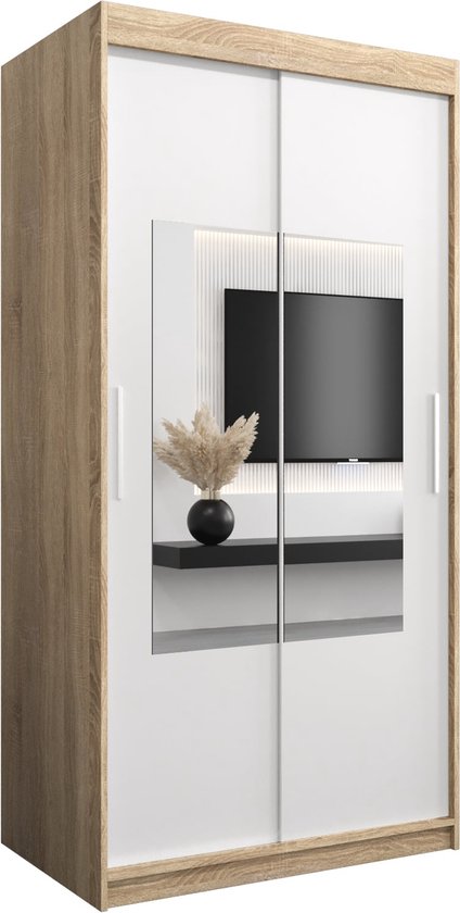 InspireMe - Kledingkast met 2 schuifdeuren, Modern-stijl, Een kledingkast met planken en een spiegel (BxHxD): 100x200x62 - TRINA 100 Sonoma Eik + Wit Mat met 2 lades