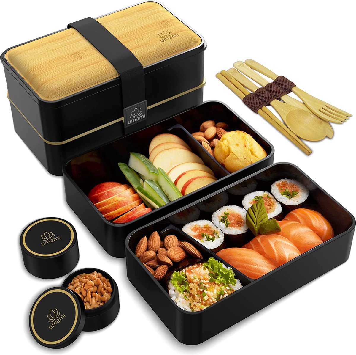 UMAMI Bento Box voor volwassenen en kinderen, nieuwe premium editie, 1 sauspan en 4 besteken, lunchbox voor mannen/vrouwen, 2 maaltijden prep containers, magnetron, vaatwasser, vriezer, BPA-vrij