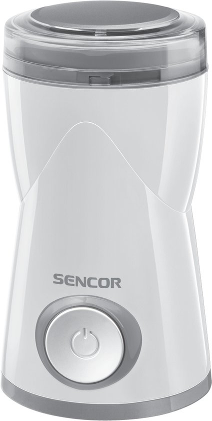 Witte Sencor elektrische koffiemolen met grijze deksel en aan/uit knop.