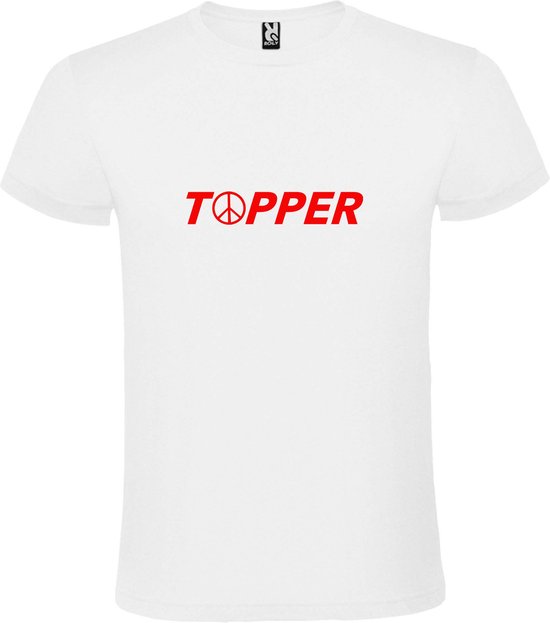 Wit T-Shirt met “ Topper met Vrede's teken “ tekst Rood Size XS