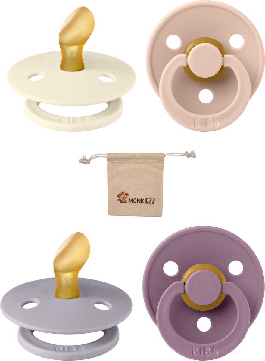 Goedkoopste Bibs Blister | Met Monkiezz Speenzakje - maat 2 6-18 maanden - 4 stuks - Ivory - Blush -Mauve - Fossil