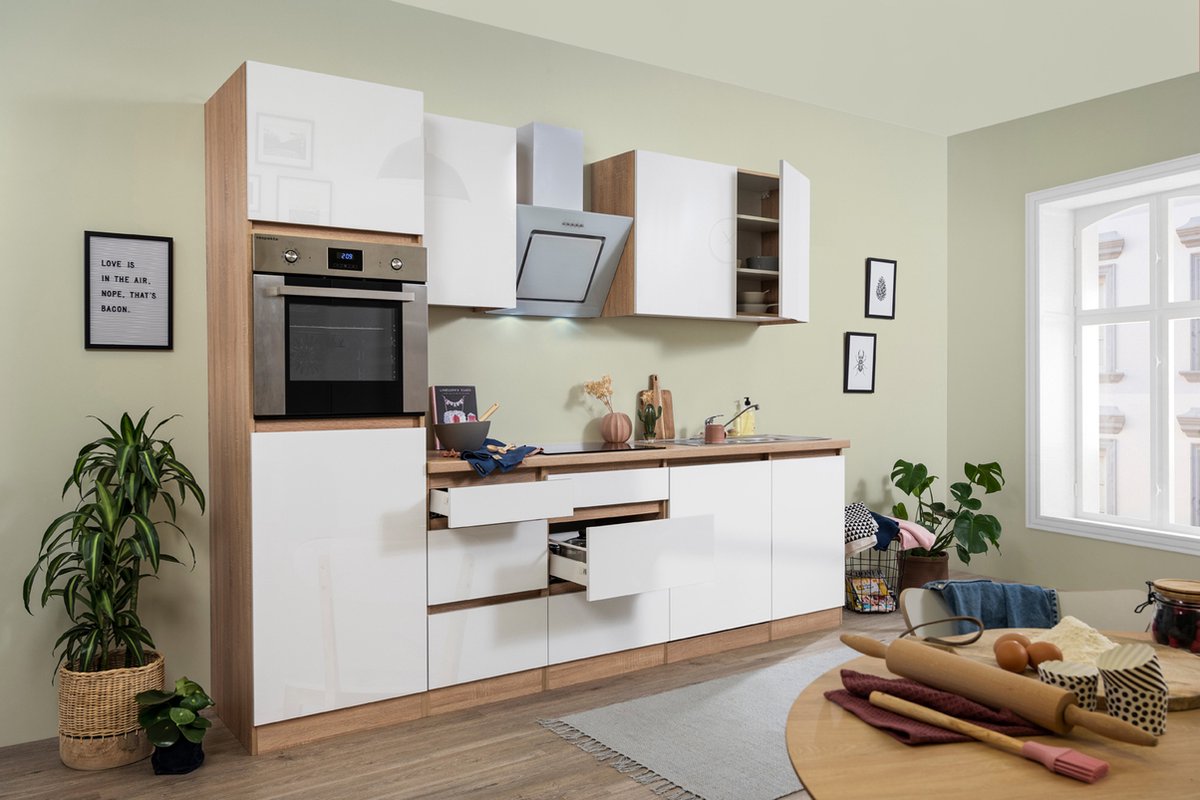 Goedkope keuken 280 cm - complete keuken met apparatuur Lorena - Eiken/Wit - soft close - keramische kookplaat - vaatwasser - afzuigkap - oven - spoelbak