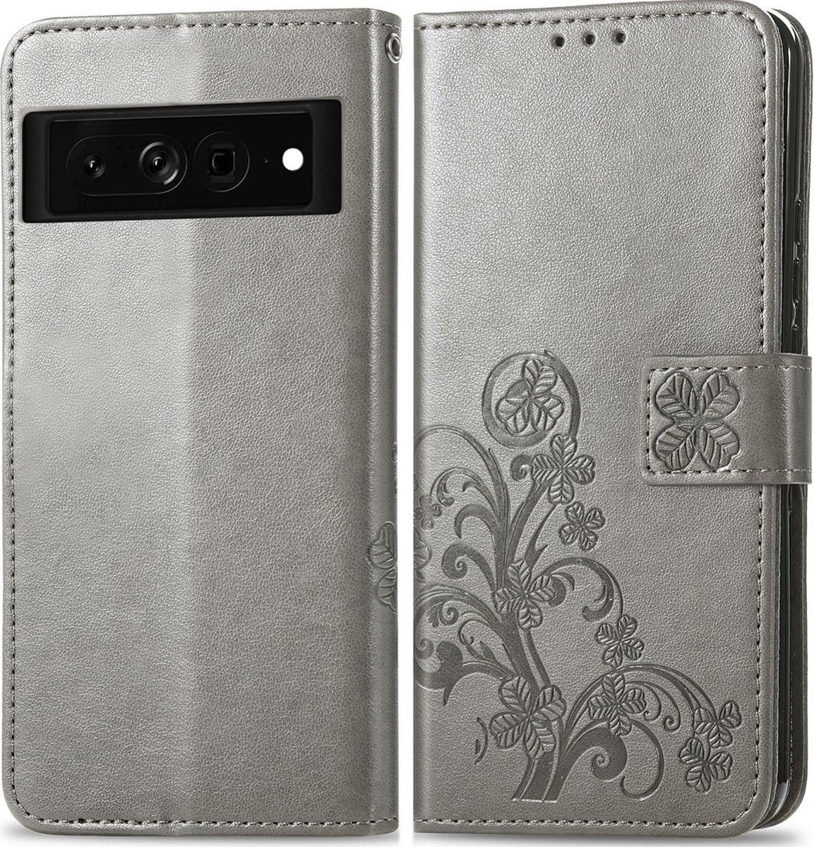 Mobigear Telefoonhoesje geschikt voor Google Pixel 7 Hoesje | Mobigear Clover Bookcase Portemonnee | Pasjeshouder voor 3 Pasjes | Telefoonhoesje voor Pinpas / OV Kaart / Rijbewijs - Grijs