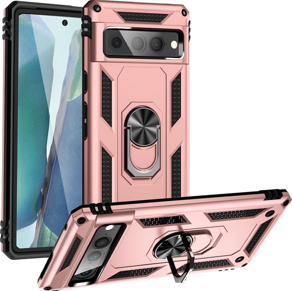 Mobigear Hoesje geschikt voor Google Pixel 7 Pro Telefoonhoesje Hardcase | Mobigear Armor Ring Backcover Shockproof met Ringhouder | Schokbestendig Pixel 7 Pro Telefoonhoesje | Anti Shock Proof - Roségoud