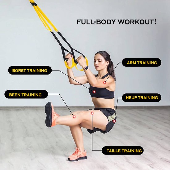 MJ Sports Premium TRX Suspension Trainer - Complete TRX Training set - Resistance Band - Weerstandsbanden - Calisthenics - Full Body Workout - Inclusief Draagtas - Fitness - Zwart/Geel