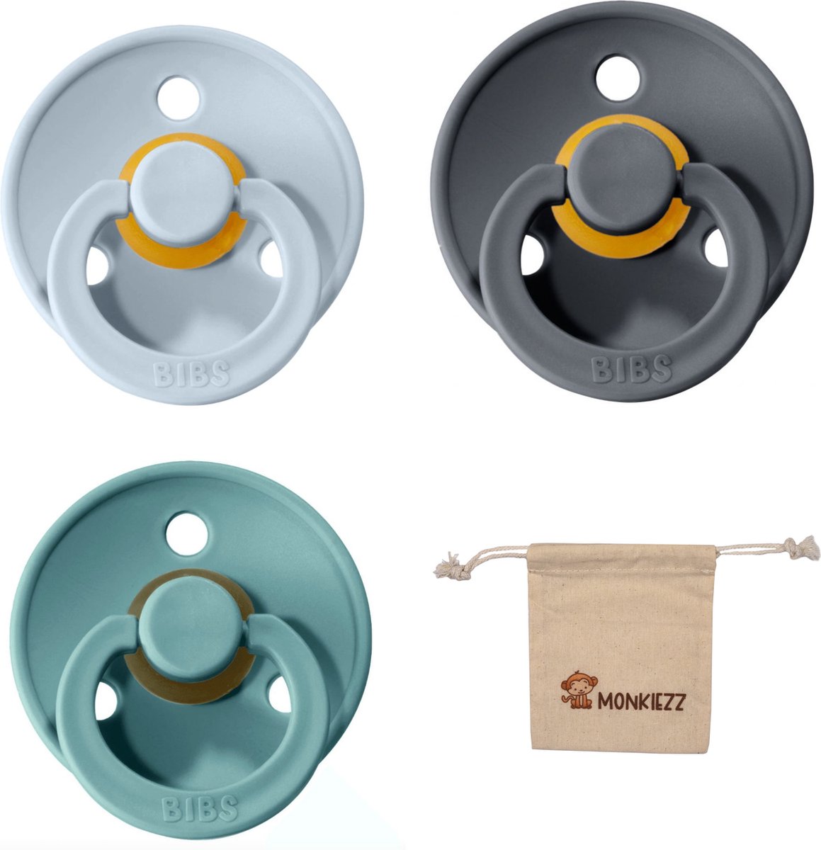 Goedkoopste Bibs fopspeen | Met Monkiezz Speenzakje - maat 2 6-18 maanden - 3 stuks - Baby Blue - Iron -Island Sea