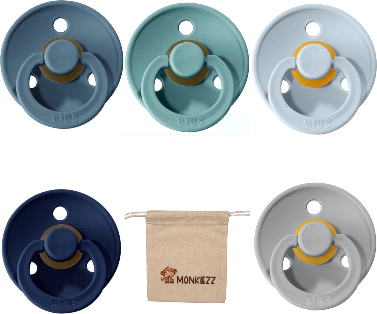 Goedkoopste Bibs fopspeen | Met Monkiezz Speenzakje - maat 1 0-6 maanden - 5 stuks - Baby Blue -Deep Space - Island Sea - Cloud - Petrol