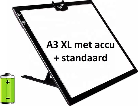 Lightpad A3 XL oplaadbaar lichtbak met accu / batterij incl standaard en klem voor o.a. Diamond Painting, professioneel model, i12Cover