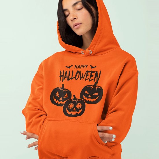 Halloween Hoodie - Happy Halloween Pumpkins Oranje (MAAT XXL - UNISEKS FIT) - Halloween kostuum voor volwassenen - Dames & Heren