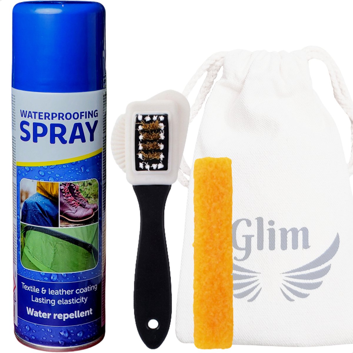 Glim® Deluxe Suede borstel - Suede set in katoenen opbergzakje + Impregneer spray waterproof - Schoenpoets set - Voor schoenen - Glim®