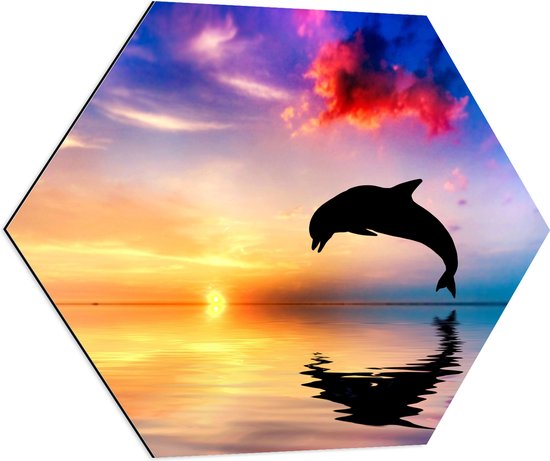WallClassics - Dibond Hexagon - Silhouet van Dolfijn bij Ondergaande Zon in het Water - 80x69.6 cm Foto op Hexagon (Met Ophangsysteem)