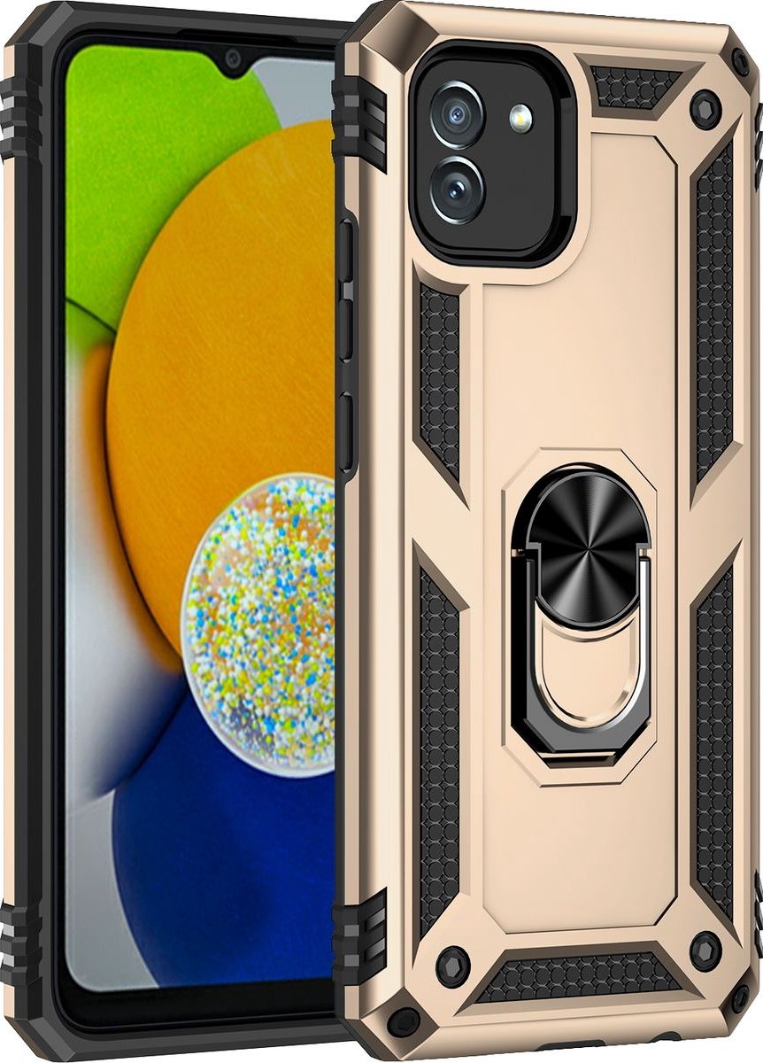 Mobigear Hoesje geschikt voor Samsung Galaxy A03 Telefoonhoesje Hardcase | Mobigear Armor Ring Backcover Shockproof met Ringhouder | Schokbestendig Galaxy A03 Telefoonhoesje | Anti Shock Proof - Goud