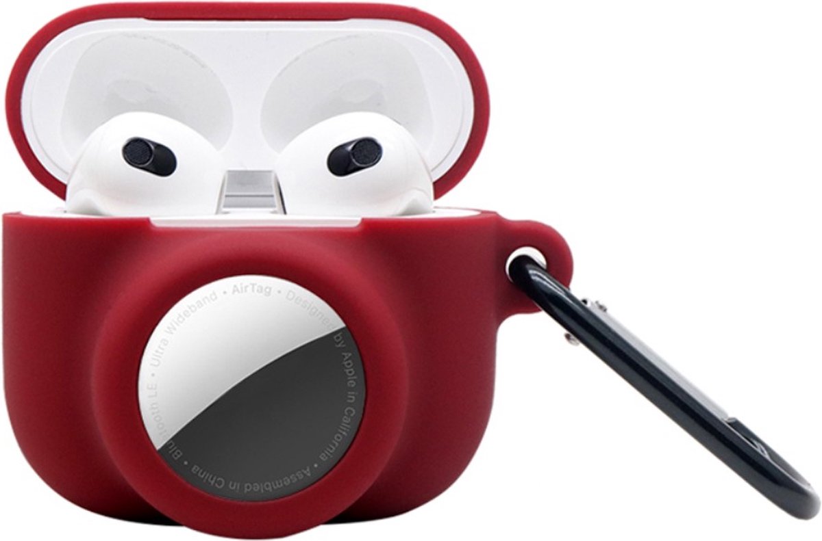 2 in 1 AirPods 3 en Airtag Case - Beschermhoes - AirPods 3 Cover - AirPods 3 AirTag Hoesje - Geschikt voor Apple Airpods 3 - donkerrood
