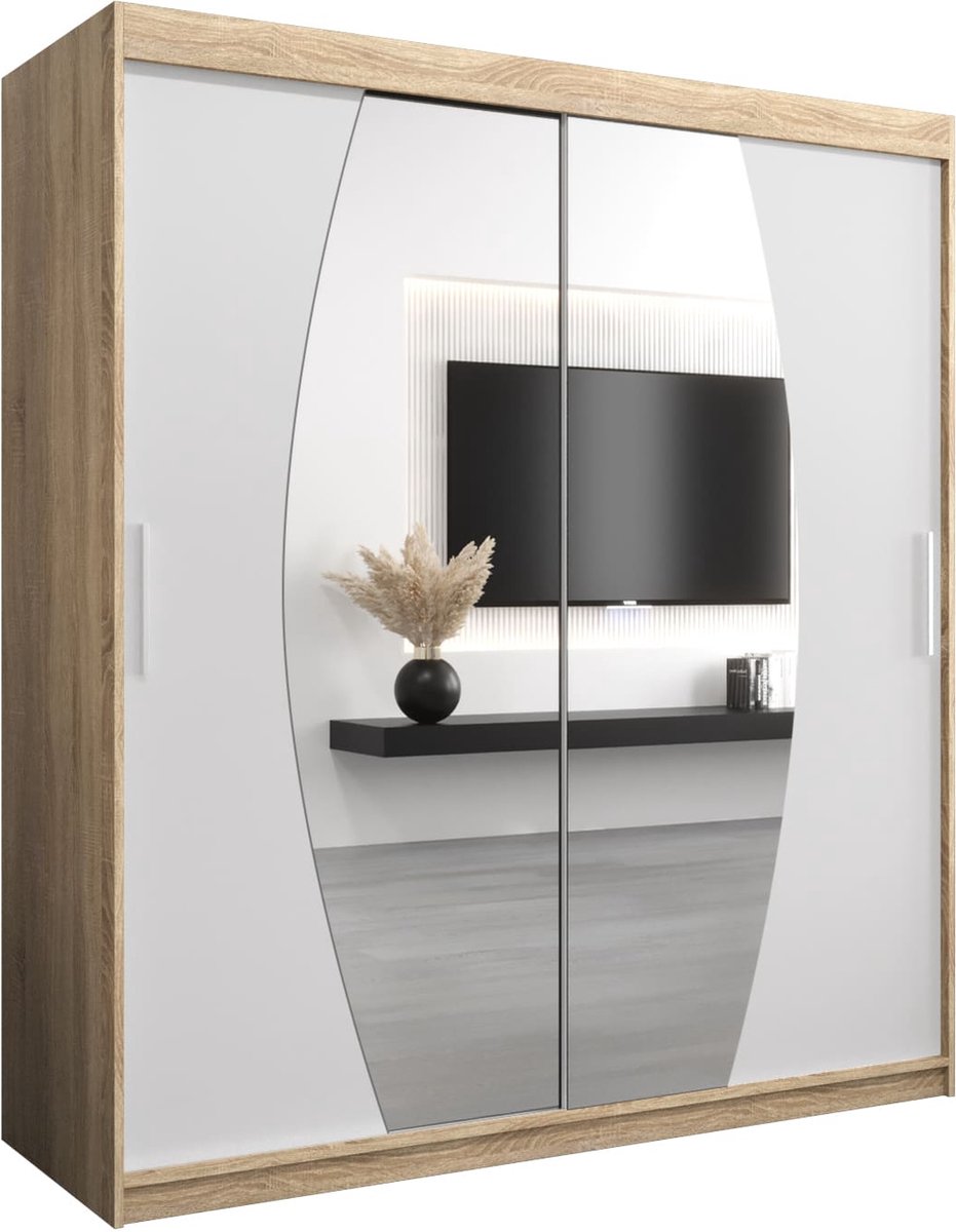 InspireME Kledingkast met 2 schuifdeuren, Modern-stijl, Een kledingkast met planken en een spiegel (BxHxD): 180x200x62 - GLOBE 180 Sonoma Eik + Wit Mat