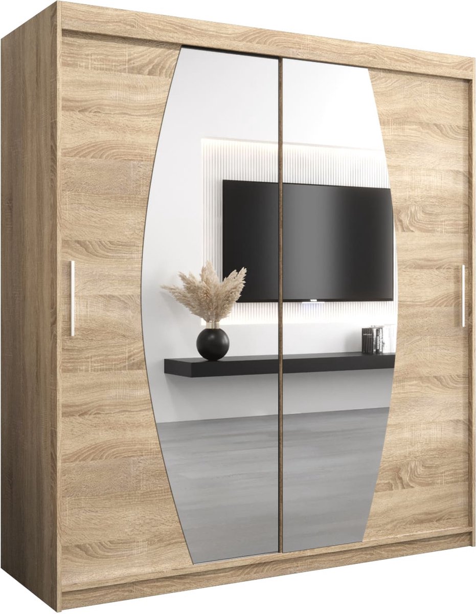 InspireMe - Kledingkast met 2 schuifdeuren, Modern-stijl, Een kledingkast met planken en een spiegel (BxHxD): 180x200x62 - GLOBE 180 Sonoma Eik