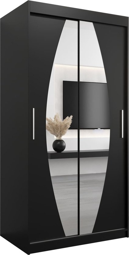 InspireMe - Kledingkast met 2 schuifdeuren, Modern-stijl, Een kledingkast met planken en een spiegel (BxHxD): 100x200x62 - GLOBE 100 Zwart Mat met 2 lades