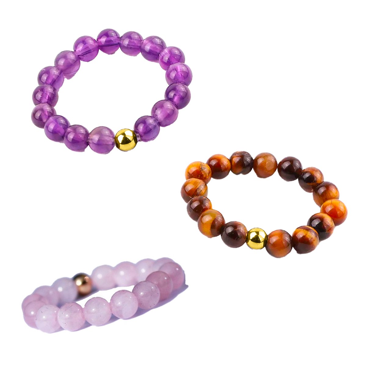 Bixorp Gems Edelstenen Ringen Set Amethist + Tijgeroog + Rozenkwarts - Kralenring