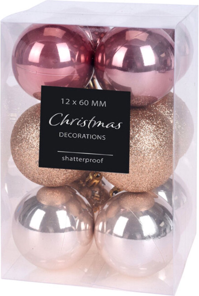 Mondex - Set van 12 kerstballen 6cm - Goud/rose - Glanzend/glitter