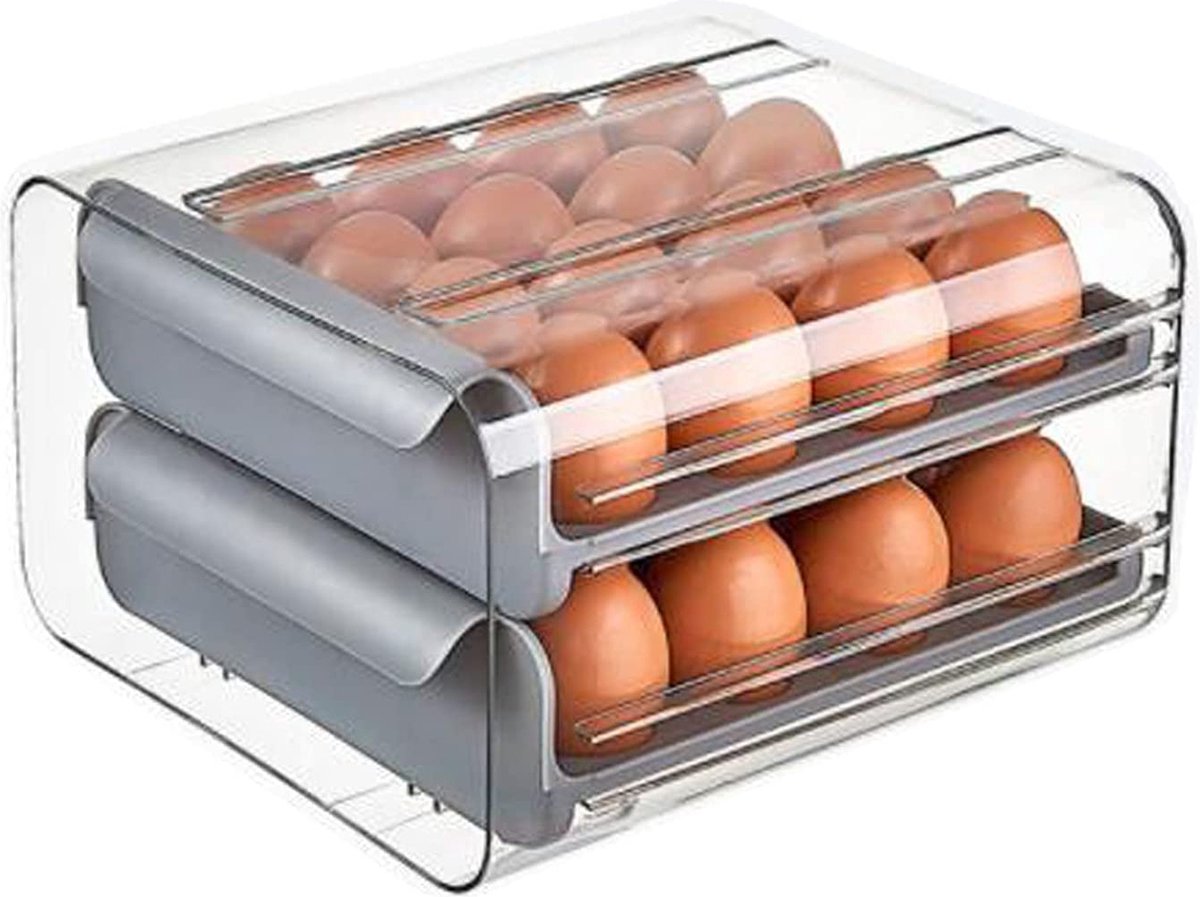 LEEFONA Ei opslag dubbellaags lade type eierdoos, overdekte eierlade eierhouder containerbakken, voor koelkast transparante eiercontainer plank, opslaan keuken ei opbergdoos grijs