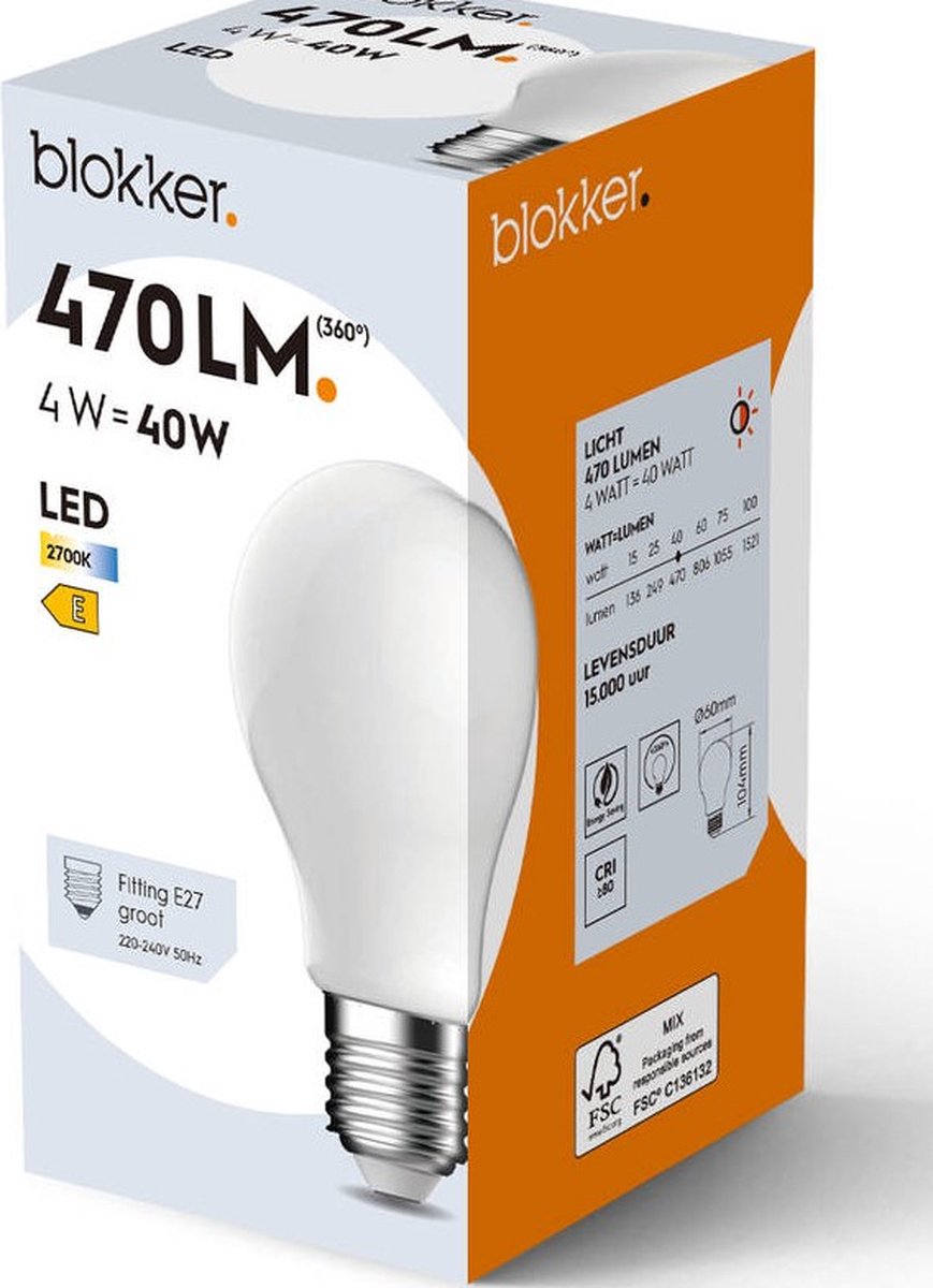 Blokker - LED lamp/peertje A60 - 40W - E27 fitting - 201x135x130 mm - Wit  mat glas -... | bol.com