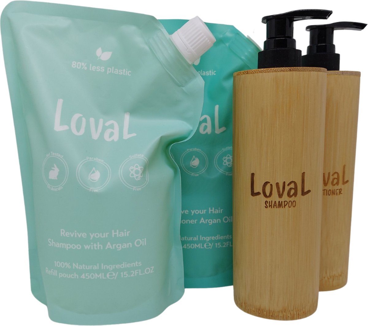 OP=OP - Loval - Geschenkset - Organische shampoo en conditioner argan olie - 2 Navulzakken 450ML - Shampoo en Conditioner zonder sulfaten, parabenen, siliconen en minerale olieën - 2 bamboo dispensers - voor droog haar