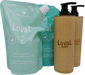 Loval - Geschenkset - Organische shampoo en conditioner met argan olie - 2 Navulzakken van 450ML - Shampoo en Conditioner zonder sulfaten, parabenen, siliconen en minerale olieën - 2 hervulbare bamboo dispensers - voor droog haar