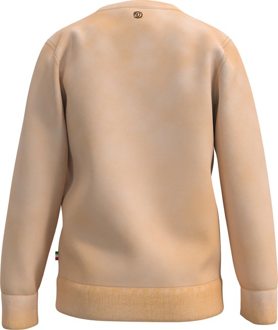 Arrière d'un sweat-shirt orange clair avec logo sur le col et poignets côtelés. Petite bande avec drapeau italien sur le côté.
