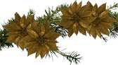 Gerim glitter decoratie bloemen op clip goud 9,5 cm - 4 st - Kerstboom ornamenten