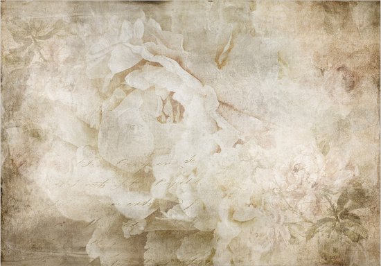 Close-up van een vintage bloemenprint met verouderde tekst.
