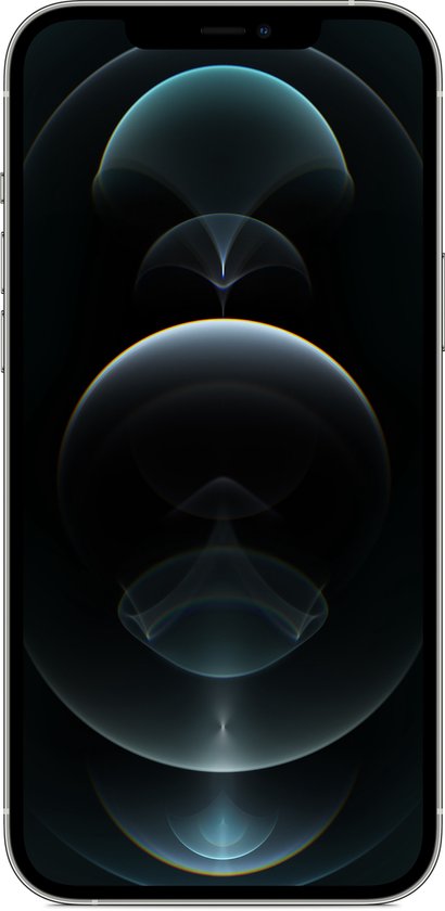 Voorkant van een zilverkleurige iPhone 12 Pro Max met een donker wallpaper.