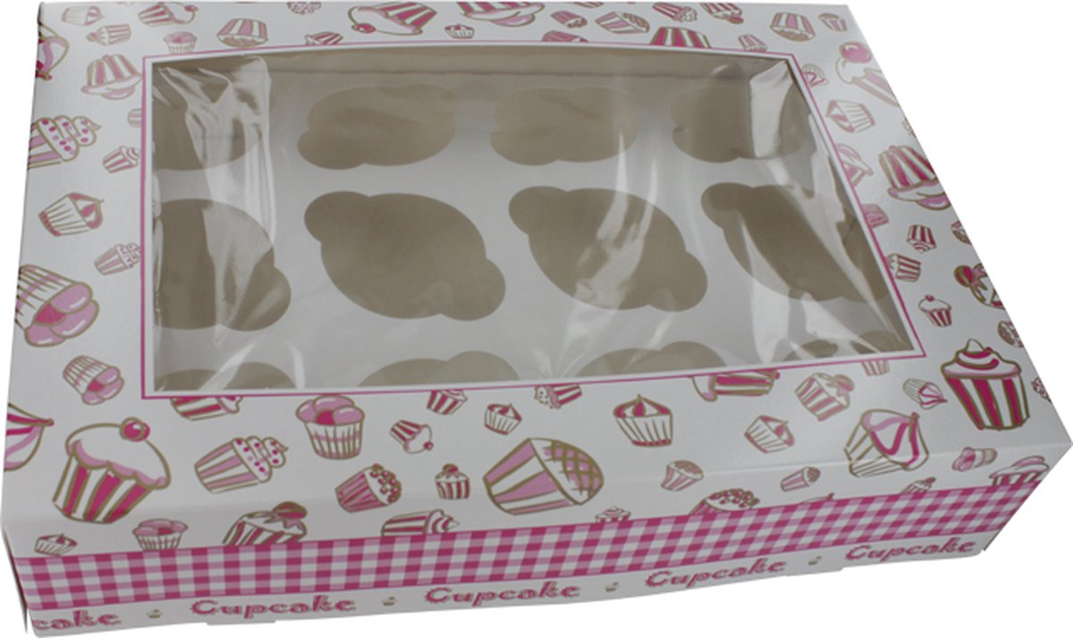 Cupcake vensterdoos - karton/PLA - 360x250x80mm - wit/Roze - 100 stuks