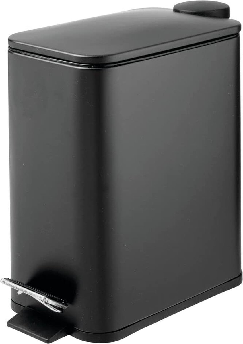 mDesign - Pedaalemmer - afvalbak/prullenbak - voor badkamer, keuken en kantoor - met pedaal, deksel en plastic binnenemmer/rechthoekig/metaal/5 liter - zwart