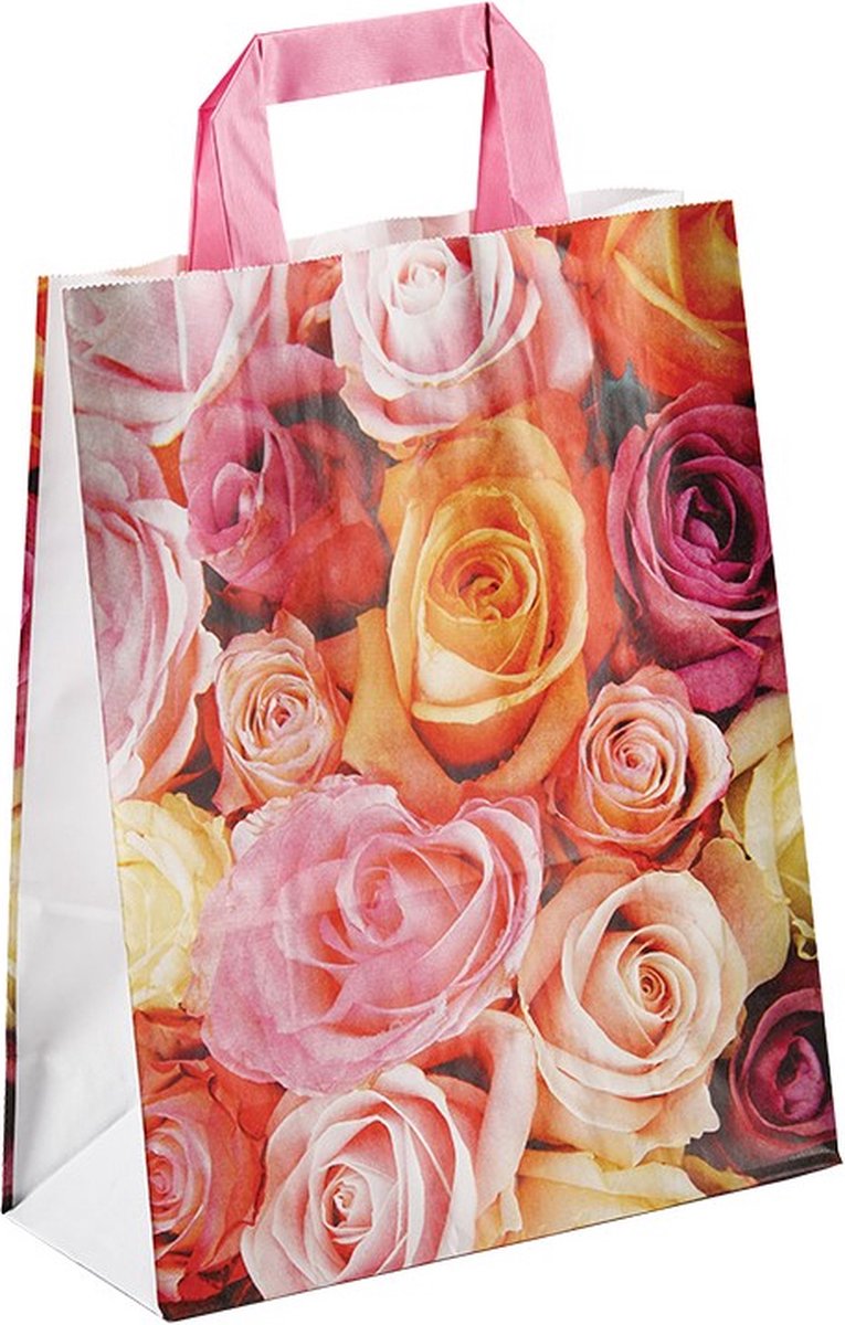25 x Papieren Cadeau draagtassen - Geschenk verpakking - Zakjes Bloemen design 'Millefiori' 22 + 10 x 28 cm