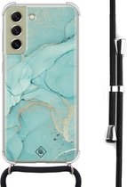 Samsung Galaxy S21 FE avec cordon - Marbre vert menthe - Menthe - Marbre - Cordon noir détachable - Bandoulière - Antichoc - Casimoda