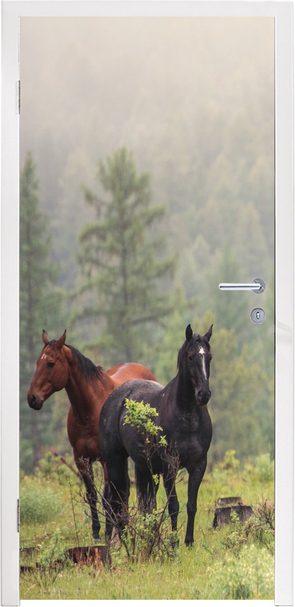 Deurposter 95x235 cm - Deursticker Paarden - Bos - Mist - Meubelfolie zelfklevend - Deurfo