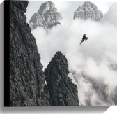 WallClassics - Canvas  - Vogel Vliegend tussen Bergen (zwart/wit) - 40x40 cm Foto op Canvas Schilderij (Wanddecoratie op Canvas)