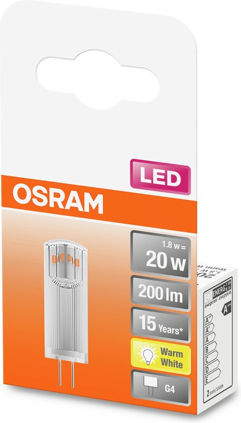OSRAM 4058075431966 LED-lamp Energielabel F (A - G) G4 Ballon 1.8 W = 20 W Warmwit (Ø x l) 13 mm x 36 mm 1 stuk(s)