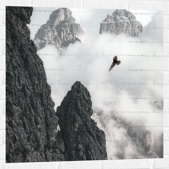WallClassics - Muursticker - Vogel Vliegend tussen Bergen (zwart/wit) - 80x80 cm Foto op Muursticker