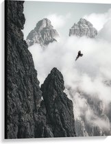WallClassics - Canvas  - Vogel Vliegend tussen Bergen (zwart/wit) - 75x100 cm Foto op Canvas Schilderij (Wanddecoratie op Canvas)