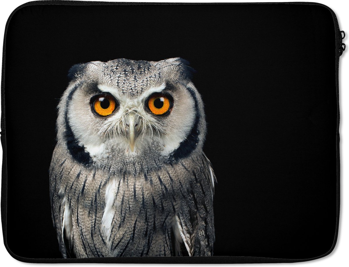 Laptophoes 15.6 inch - Uil - Vogel - Oranje - Zwart - Laptop sleeve - Binnenmaat 37x26 cm - Zwarte achterkant
