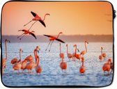 Laptophoes 15.6 inch - Vogel - Flamingo - Water - Zonsondergang - Roze - Laptop sleeve - Binnenmaat 39,5x29,5 cm - Zwarte achterkant