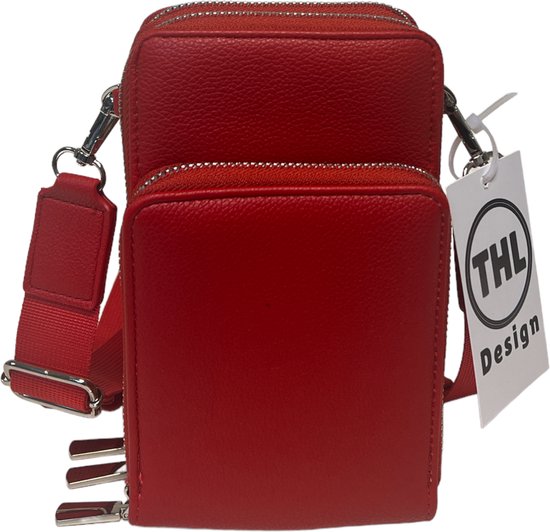 THL Design – Telefoontasje Dames Crossbody – Schoudertasje Telefoon – Kleine Tas – 3 Vakken - Rood