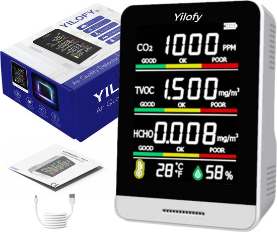YILOFY Professionele 5 in 1 Luchtkwaliteitsmeter met Alarm Incl. E-book - CO2 Meter - Scholen - Horeca - Hygrometer - Draagbaar LCD Scherm Monitor CO2 - Luchtvochtigheidsmeter Sensor - Melder - Thermometer - Oplaadbaar + USB Kabel