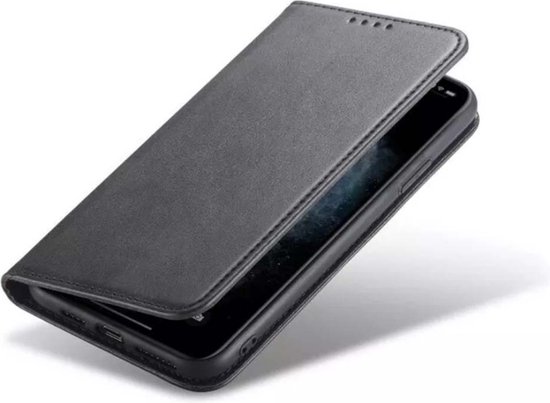 Étui de téléphone en cuir noir, style portefeuille, avec fermeture magnétique, pour smartphone.