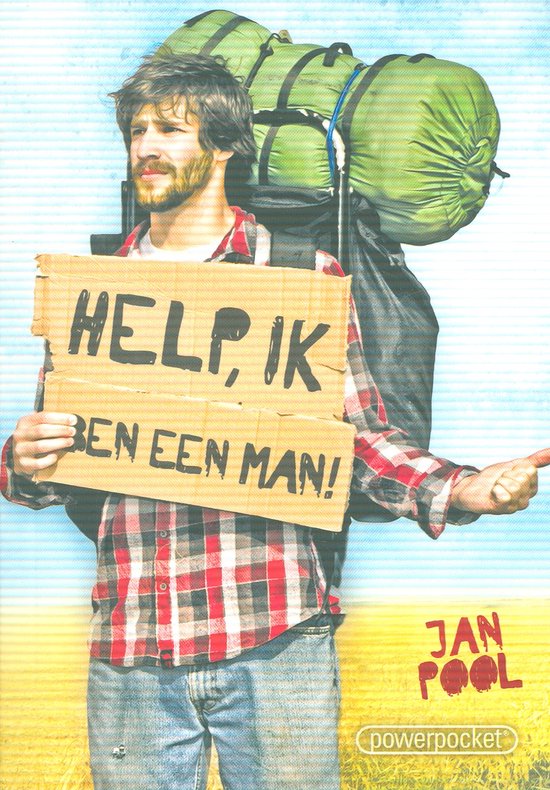 Man met baard, geruite blouse en rugzak, houdt bord 'HELP, IK BEN EEN MAN!' vast.