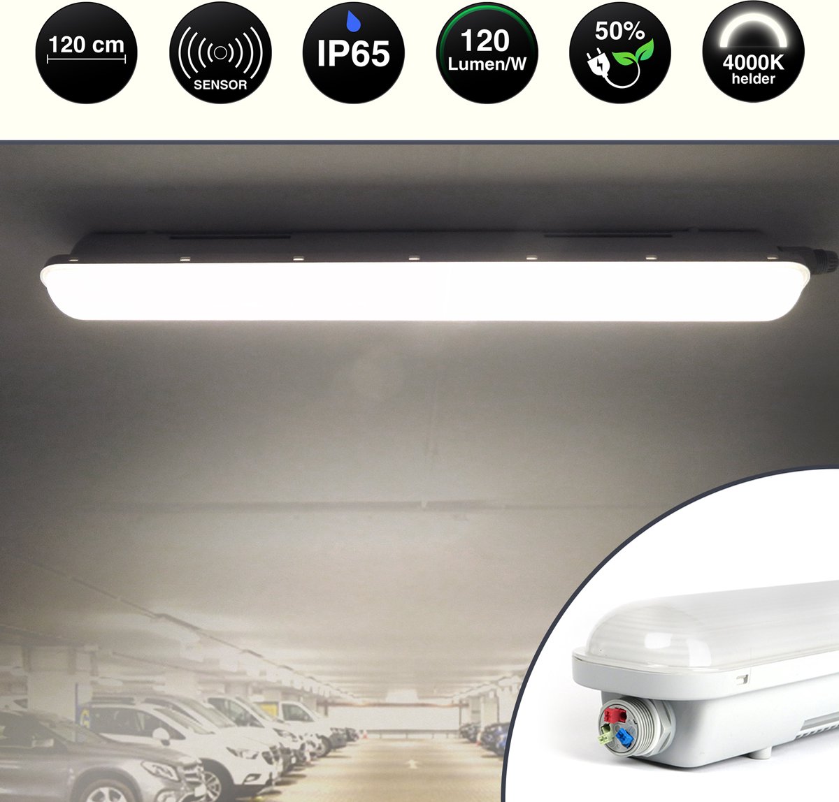 LED TL Tri-Proof IP65 met Sensor - 2 Stuks Voordeel - 120 cm - Helder wit 4000K - Hoge Lichtopbrengst - Incl. Montage Beugels - Geschikt voor buiten - Vandaal bestendig - 36 watt - Energiebesparend & Duurzaam