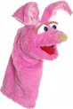 Roze pluche konijnenhandpop met grote blauwe ogen, bruine wenkbrauwen en een lachende mond.