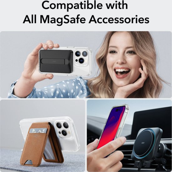 Collage toont compatibiliteit met MagSafe accessoires, waaronder een portemonnee en autolader.