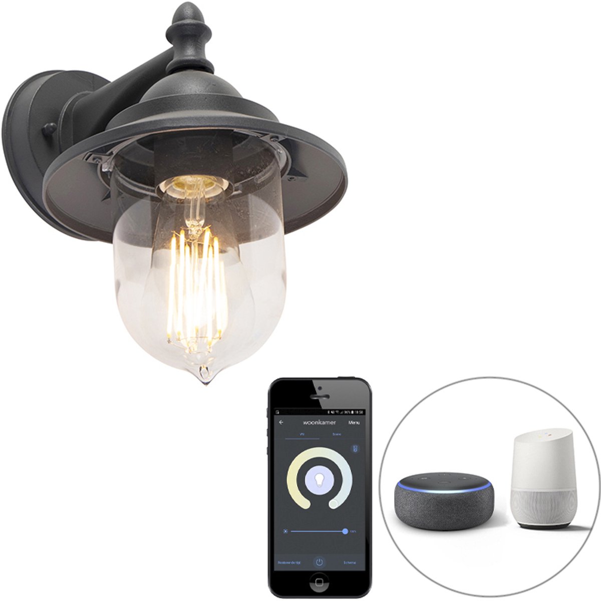 QAZQA oxford - Landelijke Dimbare LED Smart Wandlamp incl. wifi met Dimmer voor buiten - 1 lichts - D 23 cm - Donkergrijs - Buitenverlichting